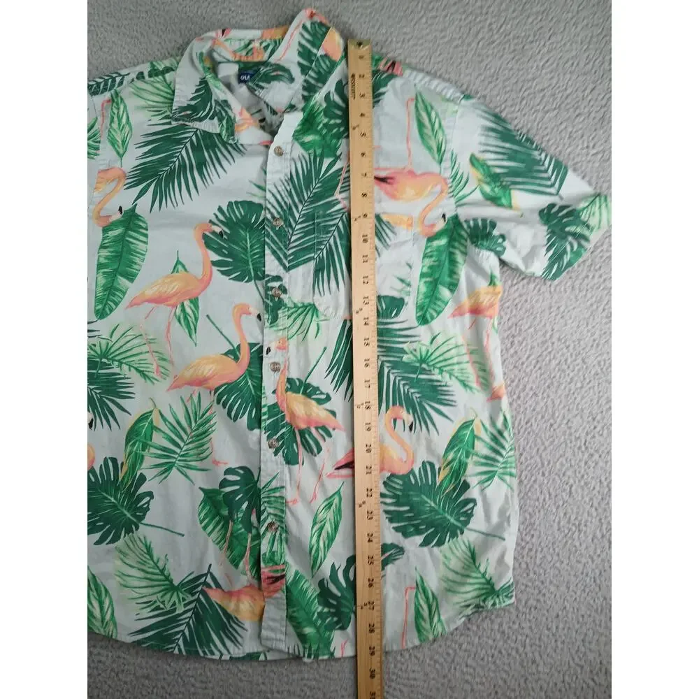 Old Navy Shirt Mens Large Flamingo Green Button Up Tropical Palm 100% Cotton - Picture 3 of 8